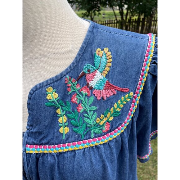 Blue Denim Go Softly Embroidered Humming Bird Cottagecore Zip-Front Dress L - Picture 2 of 9